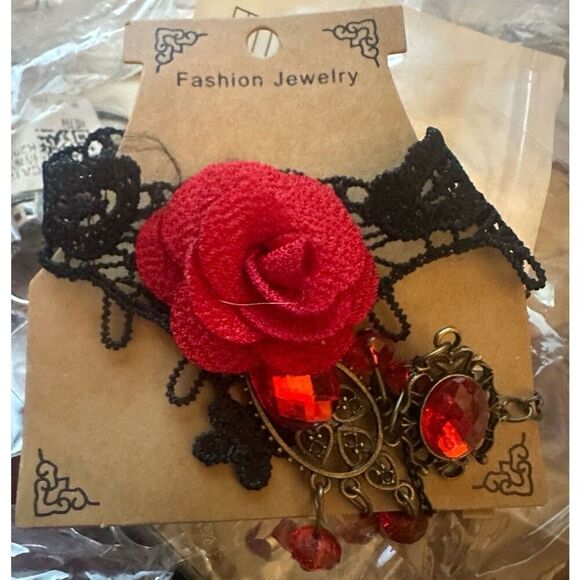 Vampire Red Rose Black Lace Gothic Baddie Wristband Chain with Adjustable Ring - Picture 2 of 6
